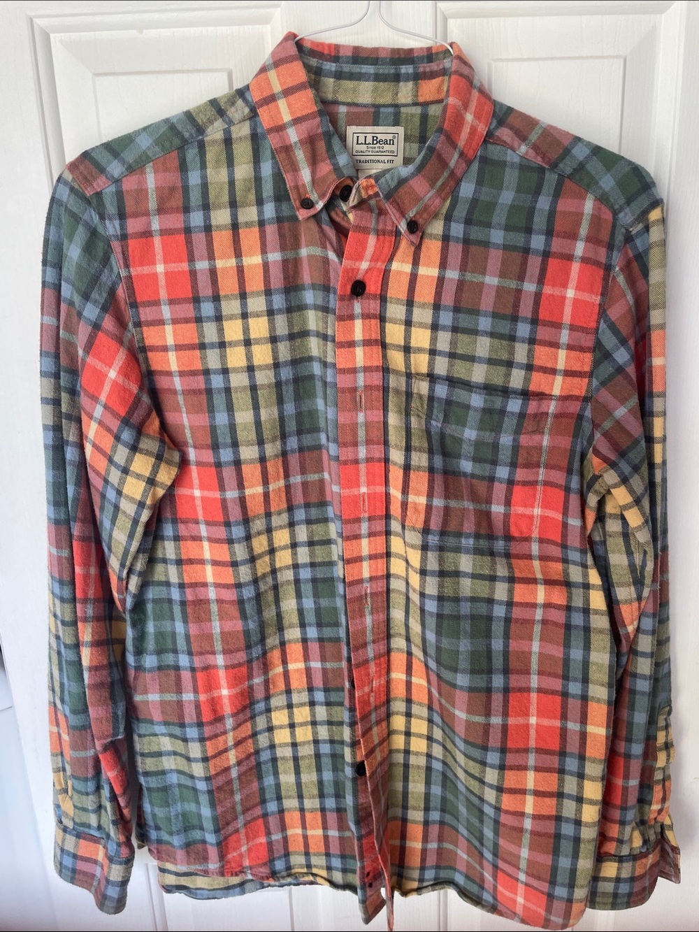 L.L. Bean Multicolor Plaid Button-Down Shirt in Orange, Green & Yellow
